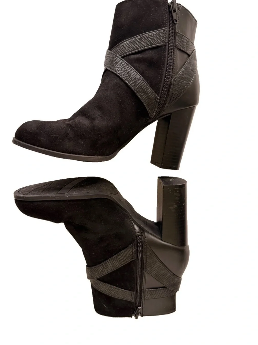 Christian Siriano Black Suede & Leather Ankle Bootie Snake-Textured Buckle 8